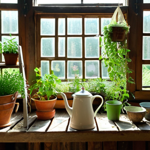 Home 11 An inviting interior shot of an old, rustic Russian *izba* or dacha. Sunlight streams through a vintage window, illuminating a cleverly designed vertical garden made from repurposed wooden pallets and an old, rustic ladder, lush with cascading greenery, herbs like mint and rosemary, and small, vibrant cherry tomatoes. Scattered around are plants in creative, repurposed containers such as old ceramic teapots, metal buckets, and possibly a traditional *valenok* boot, all adding character. The space feels alive, warm, and ingenious, blending historical charm with innovative green living, showcasing a dialogue between past and present.