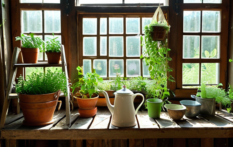 An inviting interior shot of an old, rustic Russian *izba* or dacha. Sunlight streams through a vintage window, illuminating a cleverly designed vertical garden made from repurposed wooden pallets and an old, rustic ladder, lush with cascading greenery, herbs like mint and rosemary, and small, vibrant cherry tomatoes. Scattered around are plants in creative, repurposed containers such as old ceramic teapots, metal buckets, and possibly a traditional *valenok* boot, all adding character. The space feels alive, warm, and ingenious, blending historical charm with innovative green living, showcasing a dialogue between past and present.
