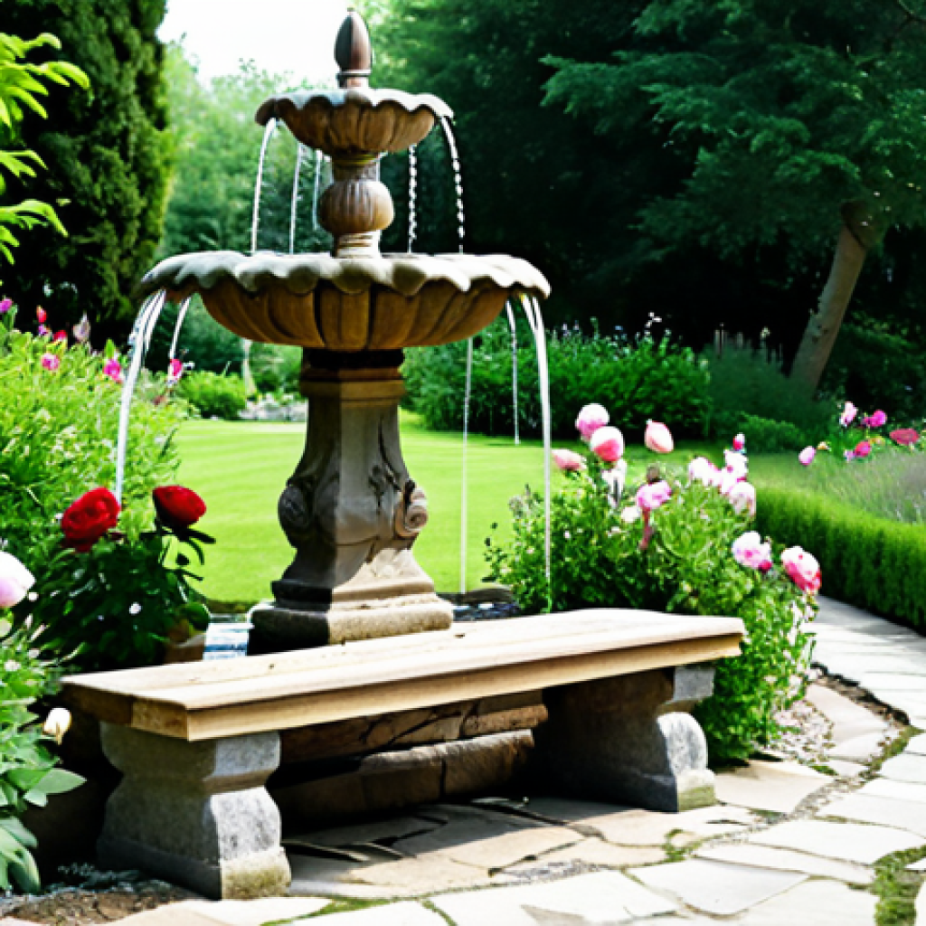 **
"A peaceful, traditional garden scene. Lush greenery, with roses, peonies, and lavender blooming in a vibrant flower bed. A small, stone fountain with gently flowing water. A classic wooden bench invites relaxation. Safe for work, appropriate content, fully clothed, family-friendly, perfect anatomy, correct proportions, natural pose, professional photography, high quality."
**