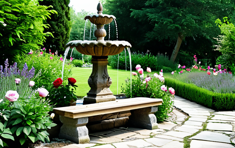 **
"A peaceful, traditional garden scene. Lush greenery, with roses, peonies, and lavender blooming in a vibrant flower bed. A small, stone fountain with gently flowing water. A classic wooden bench invites relaxation. Safe for work, appropriate content, fully clothed, family-friendly, perfect anatomy, correct proportions, natural pose, professional photography, high quality."
**