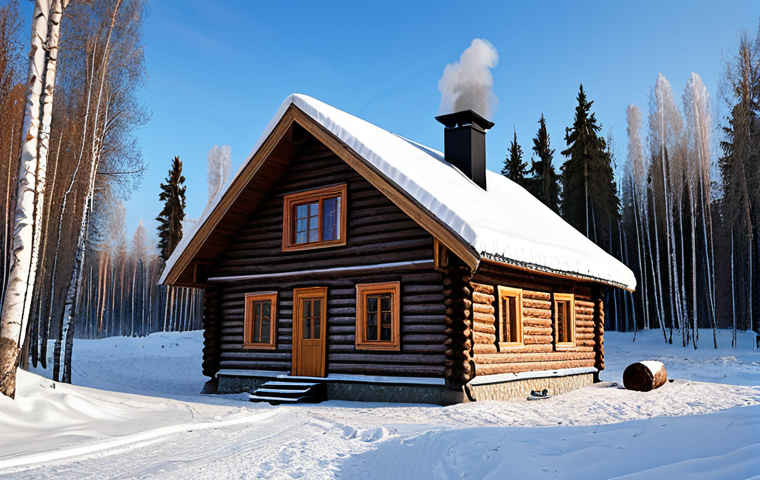 전통주택의 벽 재료 - **
A cozy log cabin (izba) in a snowy Russian forest. The cabin is made of dark wood logs, fully cl...