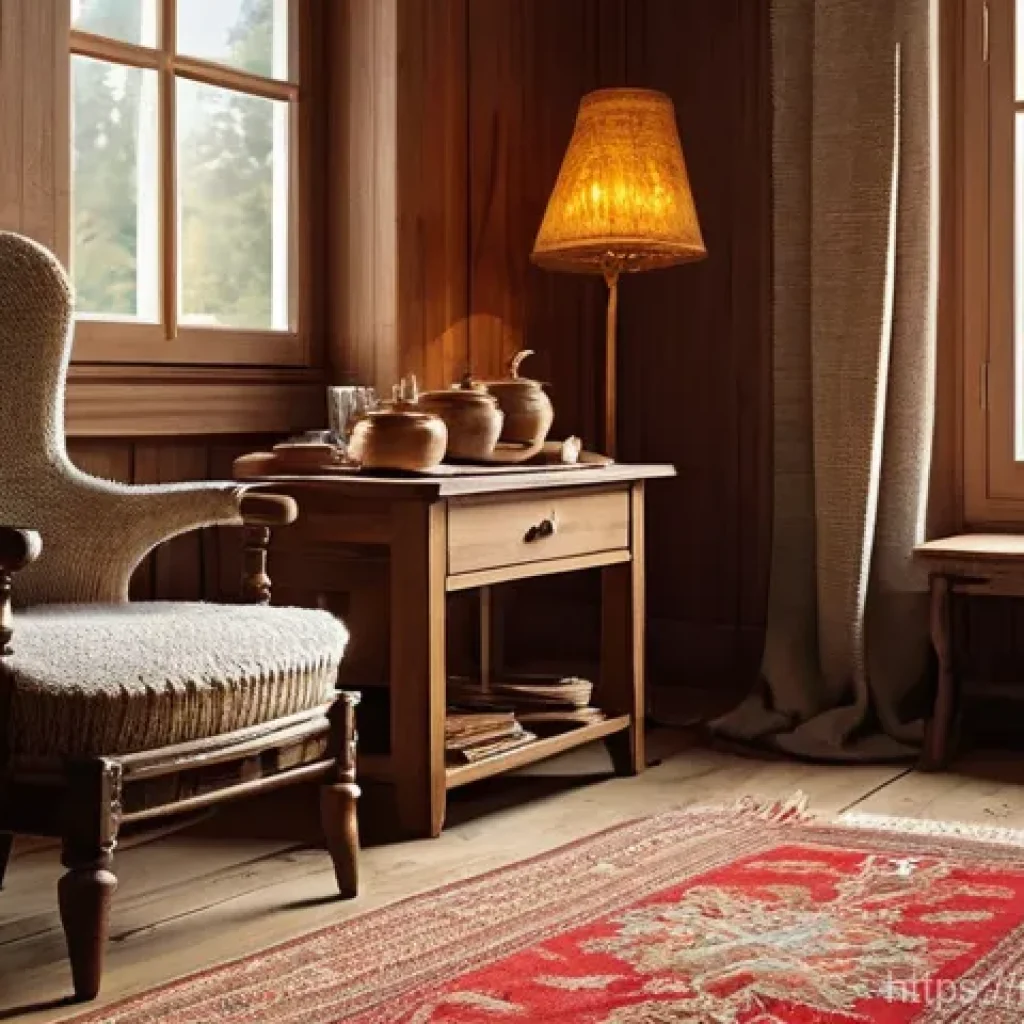 전통주택의 바닥재 선택 - **Prompt:** A cozy, warm interior of a traditional Russian dacha living room, bathed in soft, natura...