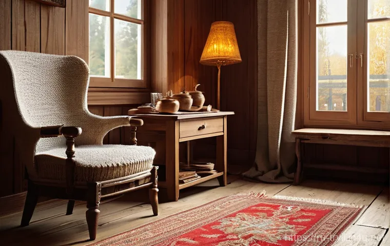전통주택의 바닥재 선택 - **Prompt:** A cozy, warm interior of a traditional Russian dacha living room, bathed in soft, natura...