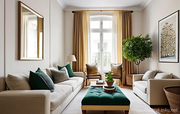 전통주택에서의 창의적 공간 활용 - **Prompt:** "A bright and airy living room in a cozy Russian home, designed to maximize space. The r...
