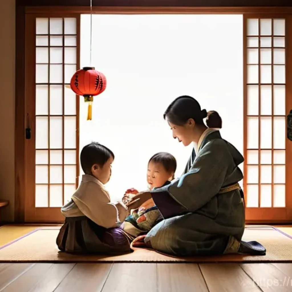 전통 주택의 온돌 - **Prompt:** A cozy, traditional Korean hanok interior on a cool autumn evening. A multi-generational...
