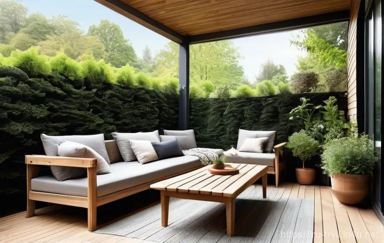 전통주택의 마루 - **A Serene Woodland Veranda with Larch Decking:**
"A wide-angle, inviting outdoor veranda made w...