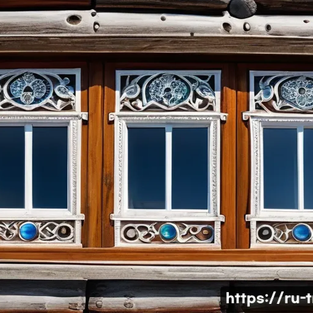 전통주택의 창호와 유리 - A traditional Russian wooden window frame from a northern region, featuring tall, narrow double-glaz...