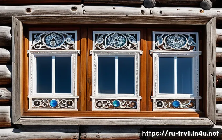 전통주택의 창호와 유리 - A traditional Russian wooden window frame from a northern region, featuring tall, narrow double-glaz...