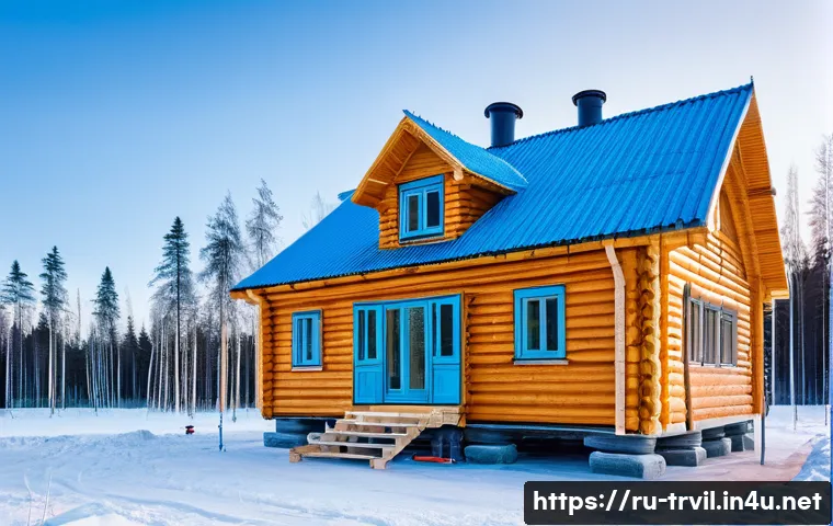 전통주택 건축비 - A traditional Russian wooden house under construction in a snowy northern landscape, showcasing natu...