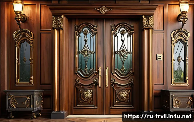 전통주택을 위한 하드웨어 선택 - A traditional Russian wooden house interior showcasing antique brass and bronze hardware on massive ...
