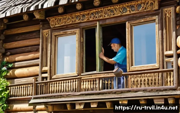 전통주택 재건축 - A charming traditional Russian wooden house undergoing careful restoration, featuring exposed aged w...