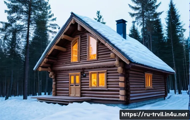 전통주택의 재료 선정 - A cozy traditional wooden house in a northern Russian forest setting, constructed from larch wood lo...