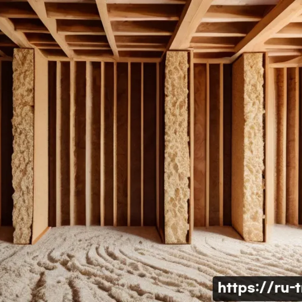 전통주택의 소음 관리 - Interior view of a vintage wooden house wall cross-section showcasing soundproofing layers: natural ...