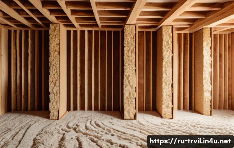 전통주택의 소음 관리 - Interior view of a vintage wooden house wall cross-section showcasing soundproofing layers: natural ...