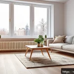 Home 21 한옥의 온돌 시스템 - A modern Russian living room interior showcasing an advanced underfloor heating system in action dur...