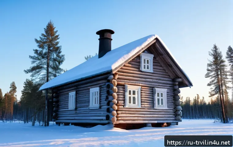 전통 목조 건축 - A traditional northern Russian wooden house in Arkhangelsk region during winter, built with thick pi...