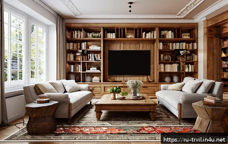 전통주택의 벽면과 천장 높이 - A cozy traditional Russian living room with ceiling height around 3 meters, featuring thick brick an...