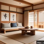 Home 18 한옥의 치수와 설계 - A modern living room inspired by traditional hanok architecture, featuring open multifunctional spac...