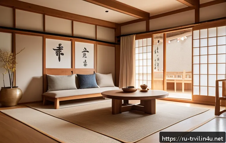 한옥의 치수와 설계 - A modern living room inspired by traditional hanok architecture, featuring open multifunctional spac...