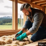 Home 23 전통주택의 단열 - A cozy rustic wooden house interior showcasing natural insulation materials being installed between ...